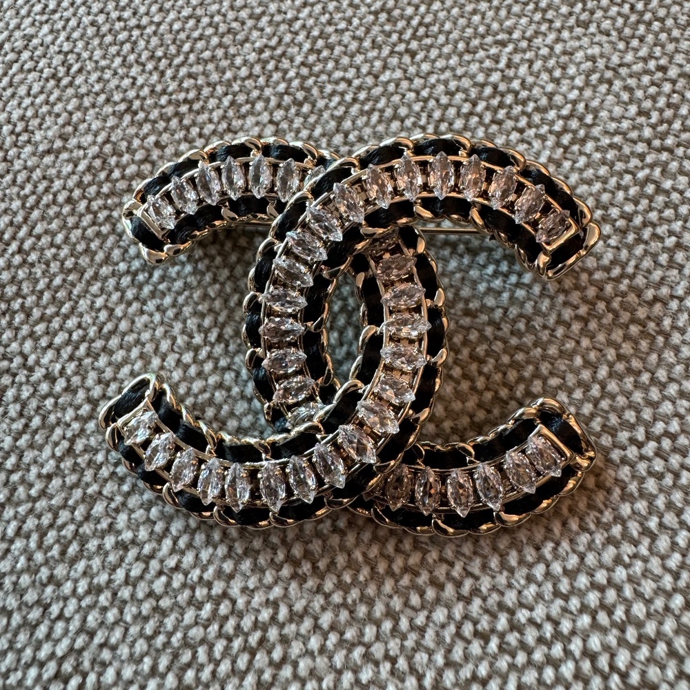 Limited Edition Classic Chanel Large CC Bling Crystal, Leather and Gold Brooch